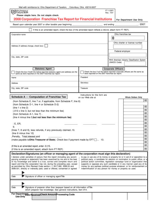 Fillable Form Ft 1120fi - Corporation Franchise Tax Report For Financial Institutions - 2008 Printable pdf