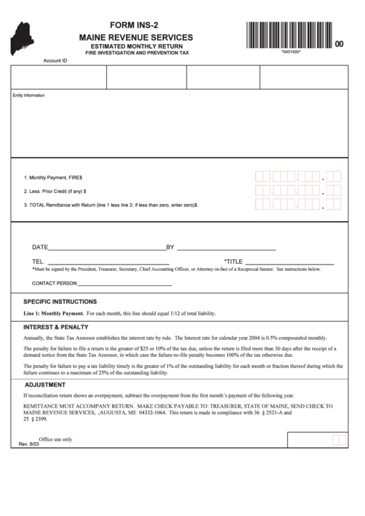 Fillable Form Ins-2 - Estimated Monthly Return Fire Investigation And Prevention Tax Printable pdf
