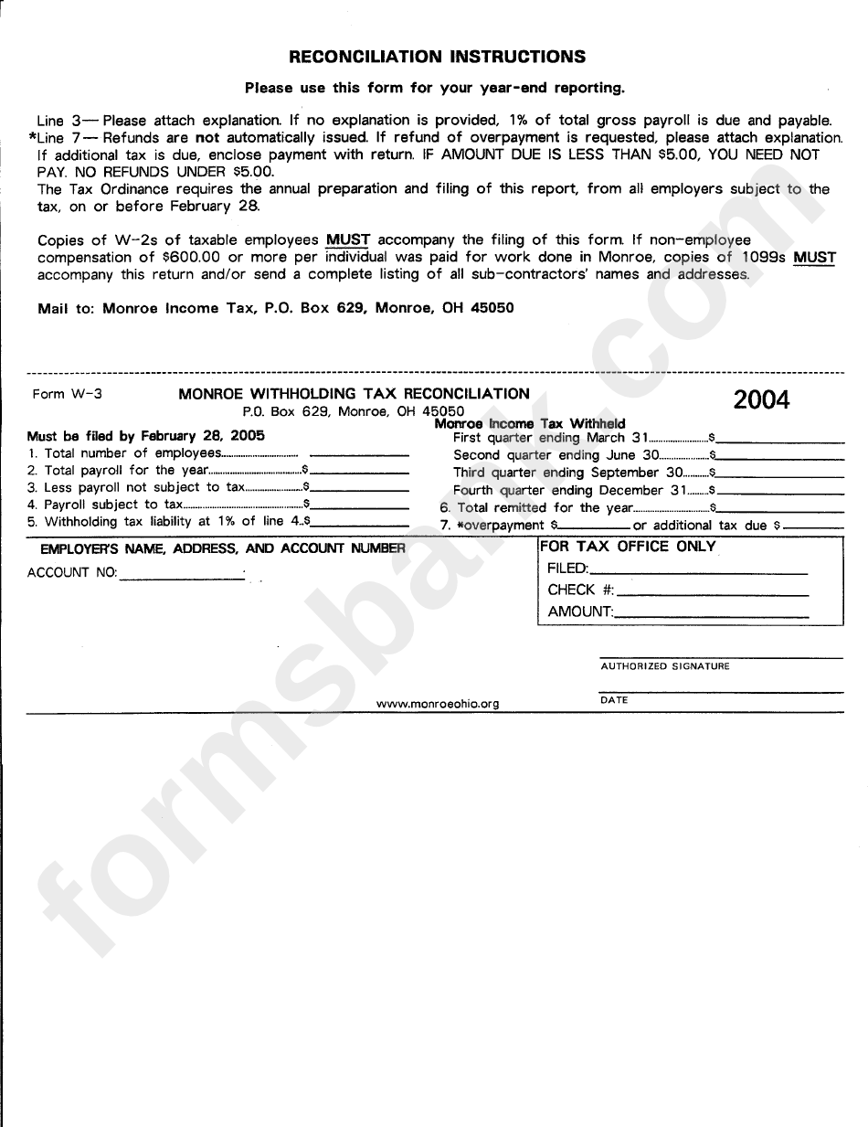 Form W-3 - Monroe Withholding Tax Reconciliation - 2004