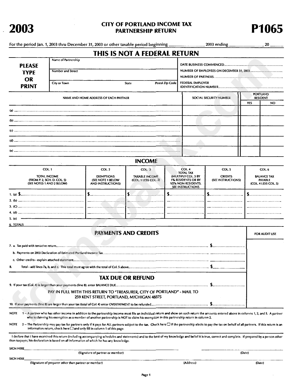 Form P1065 - Income Tax Partnership Return - City Of Portland, 2003