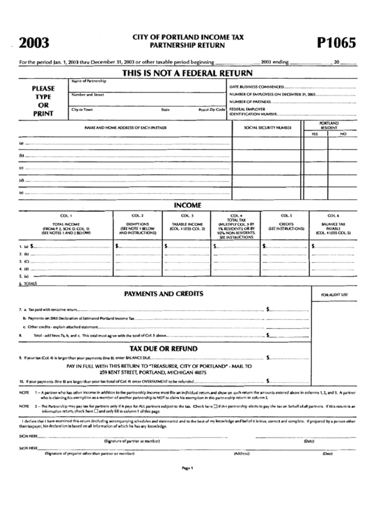 Form P1065 - Income Tax Partnership Return - City Of Portland, 2003 Printable pdf