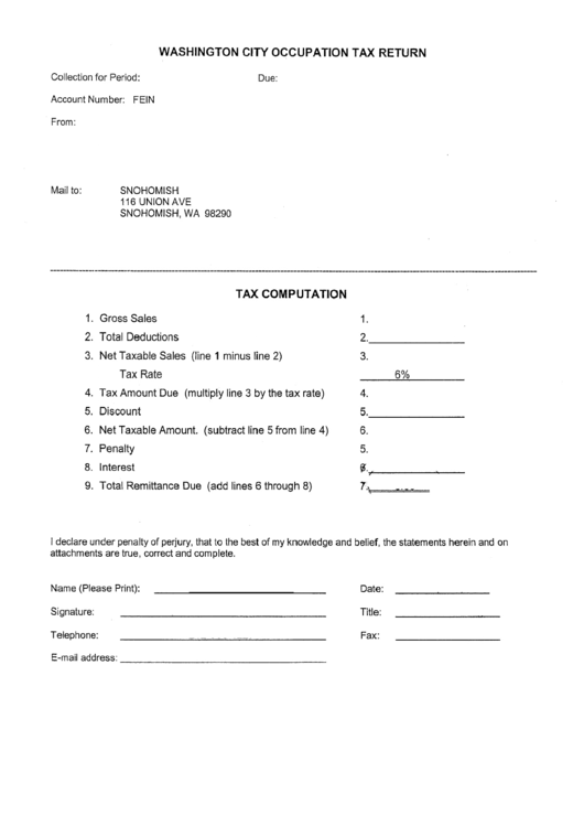 Washington City Occupation Tax Return Form Printable pdf