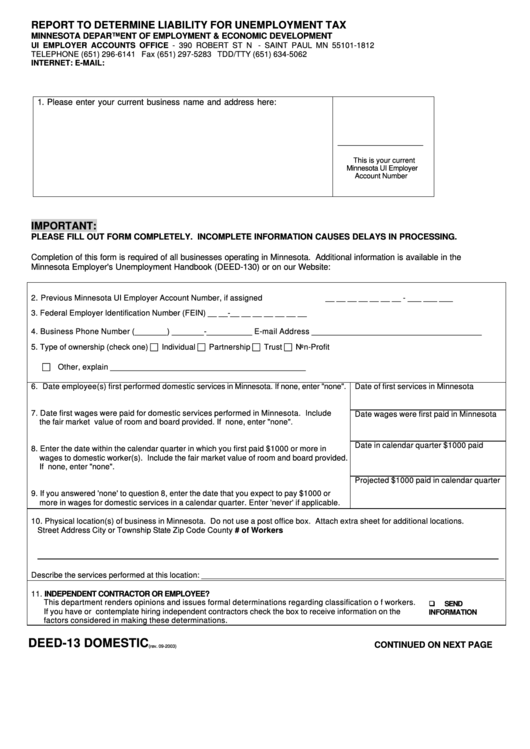 Form Deed-13 - Report To Determine Liability For Unemployment Tax - Domestic - 2003 Printable pdf