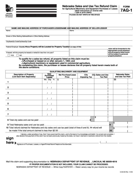 Form 7ag-1 - Nebraska Sales And Use Tax Refund Claim Printable pdf