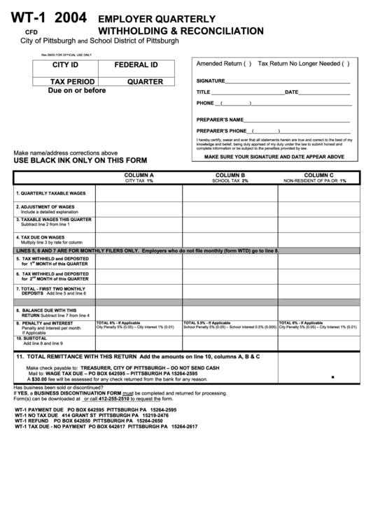 Form Wt-1 - Employer Quarterly Withholding & Reconciliation - 2004 Printable pdf