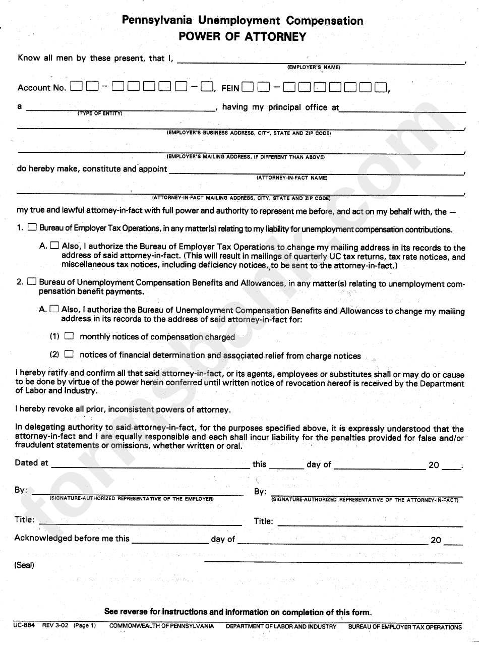 Form Uc-884 - Pennsylvania Unemployment Compensation - 2002