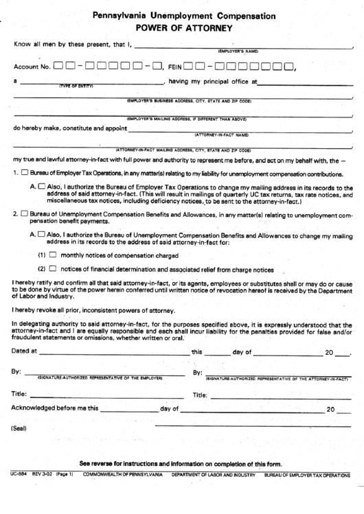 Form Uc-884 - Pennsylvania Unemployment Compensation - 2002 Printable pdf