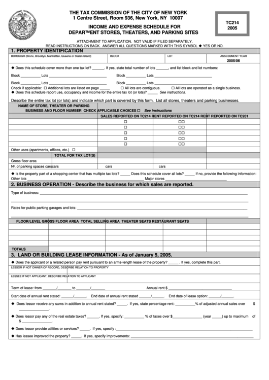 Form Tc214 - Income And Expense Schedule For Department Stores, Theaters, And Parking Sites - 2005 Printable pdf
