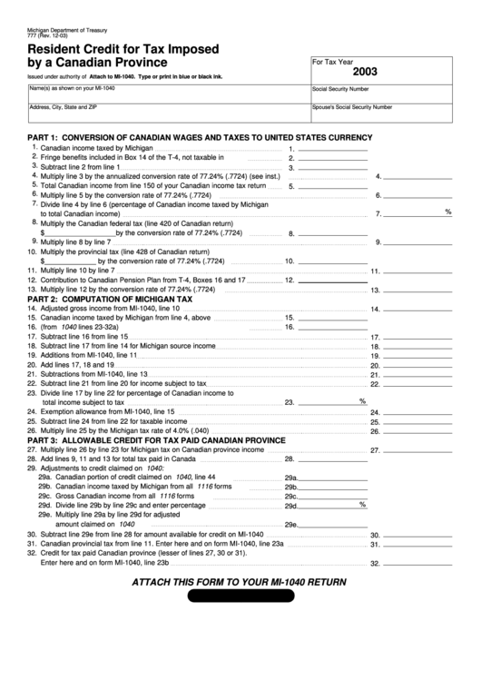 Form 777 - Michigan Resident Credit For Tax Imposed By A Canadian Province - 2003 Printable pdf