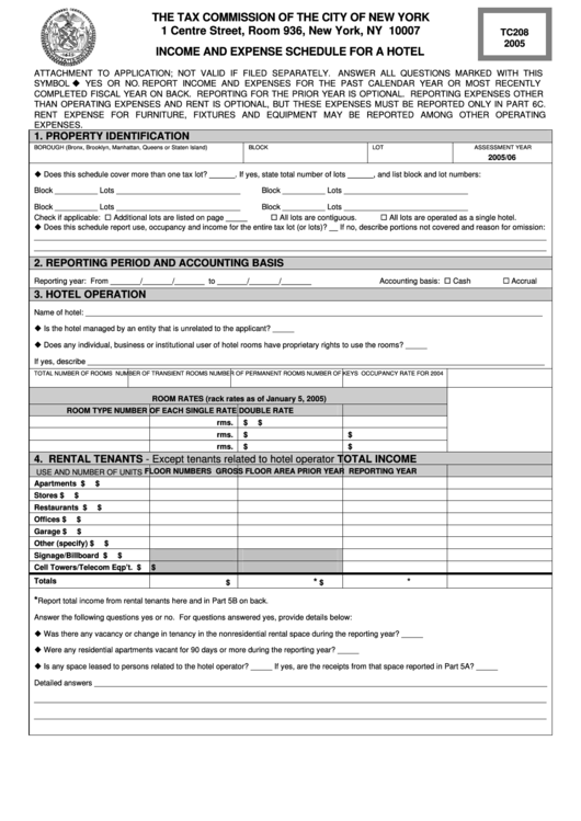 Form Tc208 - Income And Expense Schedule For A Hotel - 2005 Printable pdf