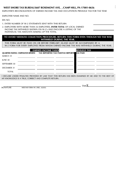 Employer'S Reconciliation Of Earned Income Tax And Occupation Privilege ...