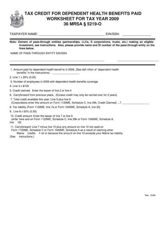 Tax Credit For Dependent Health Benefits Paid Worksheet For Tax Year 2009 Printable pdf