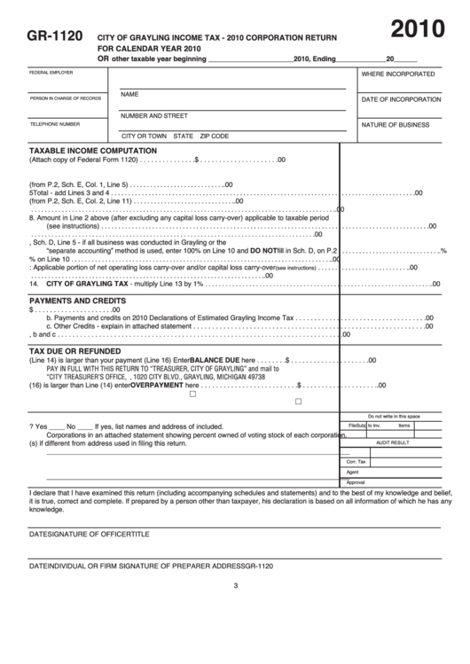 Form Gr-1120 - Corporation Return - City Of Grayling Income Tax - 2010 Printable pdf