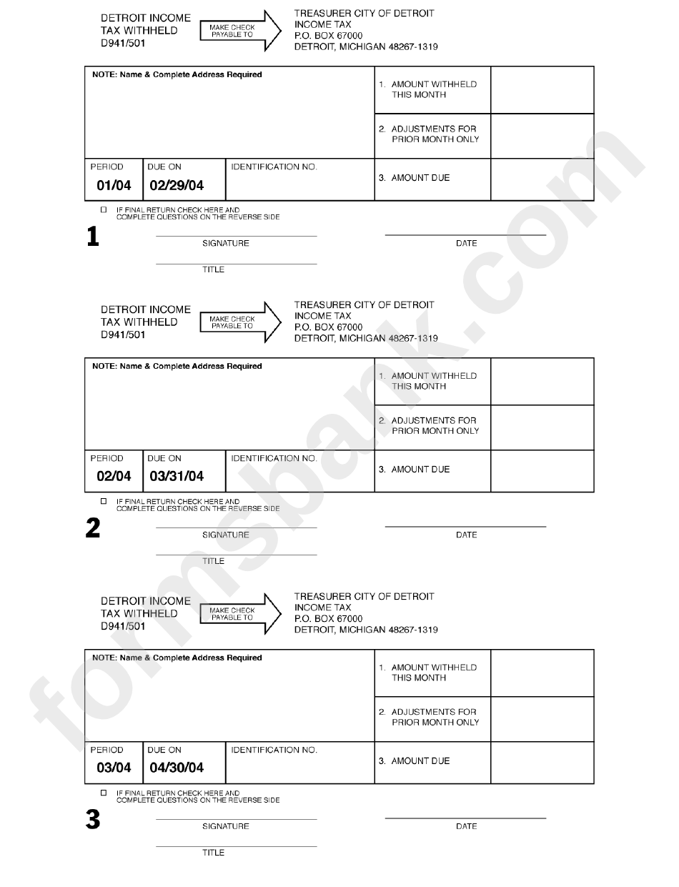 Form D941/501 - Monthly Income Tax Withheld - Detroit