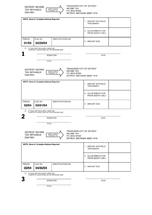 Form D941/501 - Monthly Income Tax Withheld - Detroit Printable pdf