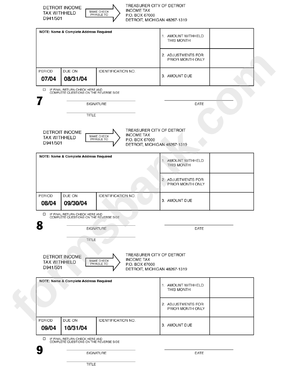 Form D941/501 - Monthly Income Tax Withheld - Detroit