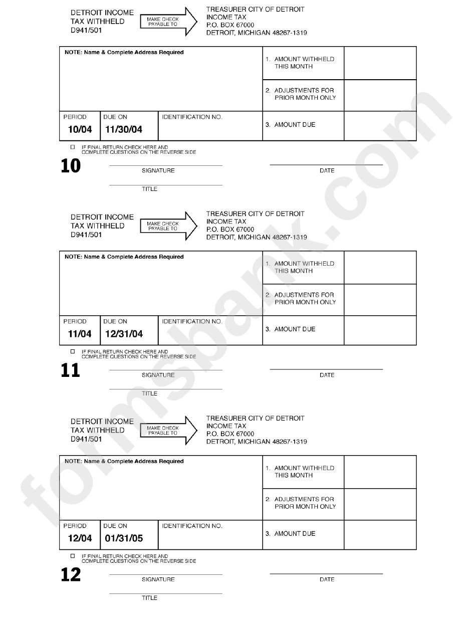 Form D941/501 - Monthly Income Tax Withheld - Detroit