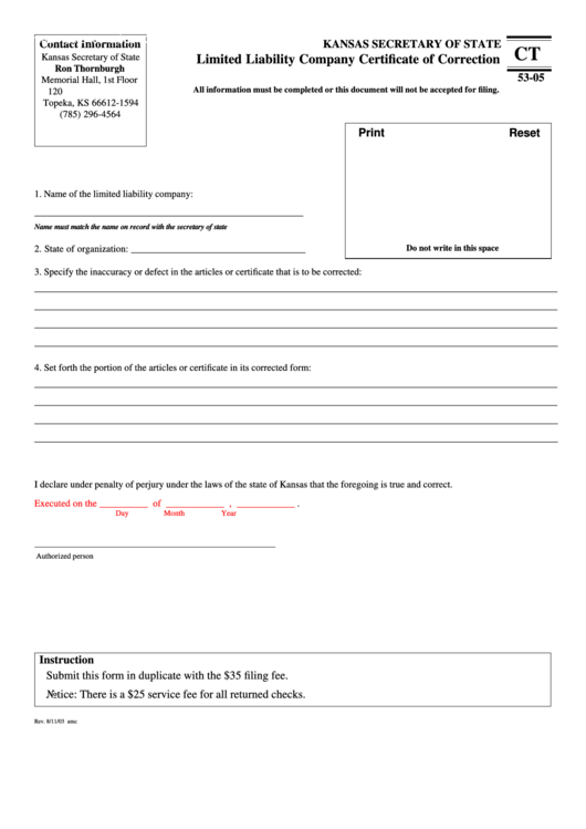 Fillable Form Ct 53-05 - Limited Liability Company Certificate Of Correction Printable pdf