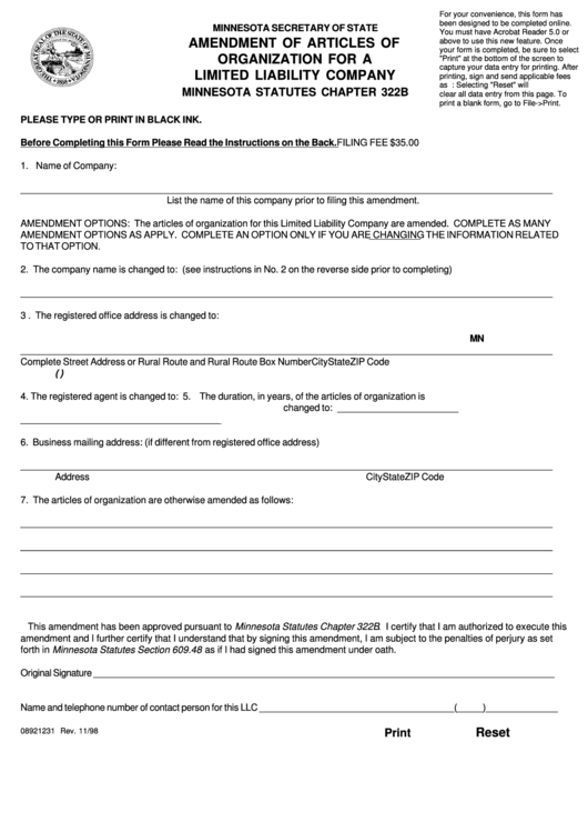 Fillable Amendment Of Articles Of Organization For A Limited Liability Company - Minnesota Secretary Of State Printable pdf