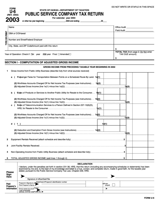 Form U-6 - Public Service Company Tax Return - 2003 Printable pdf