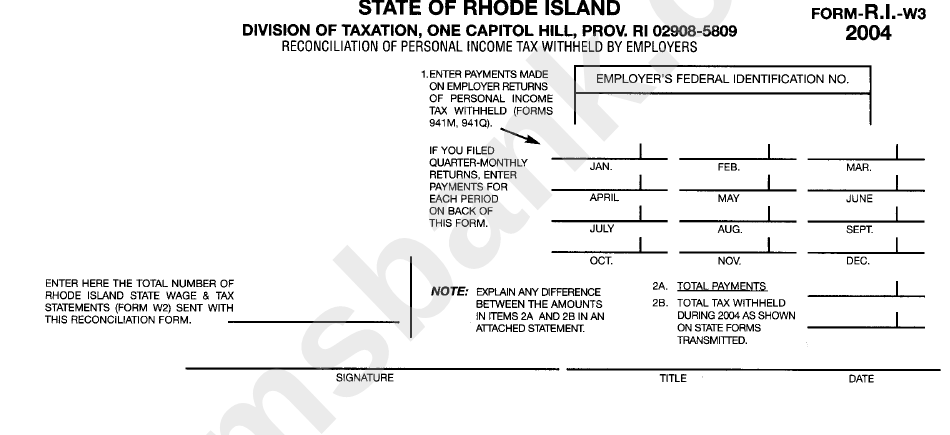 Form R.i.-W3 - Reconciliation Of Personal Income Tax Withheld By Employers - 2004