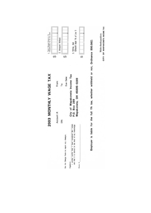 Monthly Wage Tax Form - City Of Wapakoneta, 2003 Printable pdf