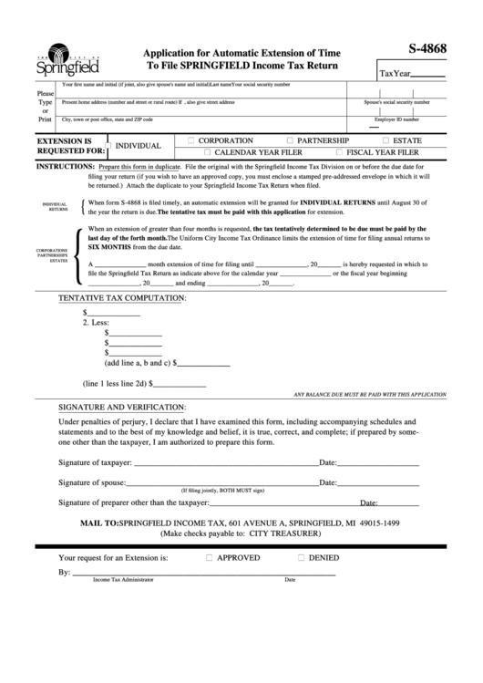 Form S-4868 - Application For Automatic Extension Of Time To File Springfield Income Tax Return Printable pdf