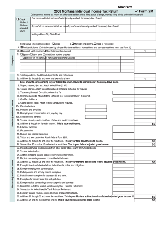 Fillable Form 2m - 2008 Montana Individual Income Tax Return Printable pdf