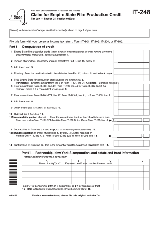 Fillable Form It-248 - Claim For Empire State Film Production Credit - 2004 Printable pdf