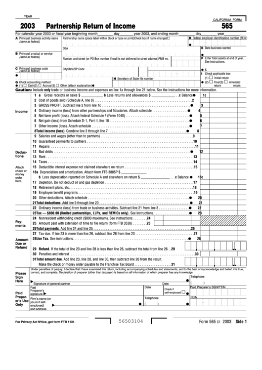 California Form 565 - Partnership Return Of Income - 2003 Printable pdf