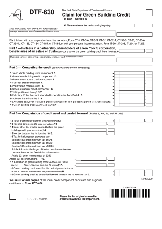 Fillable Form Dtf-630 - Claim For Green Building Credit Printable pdf