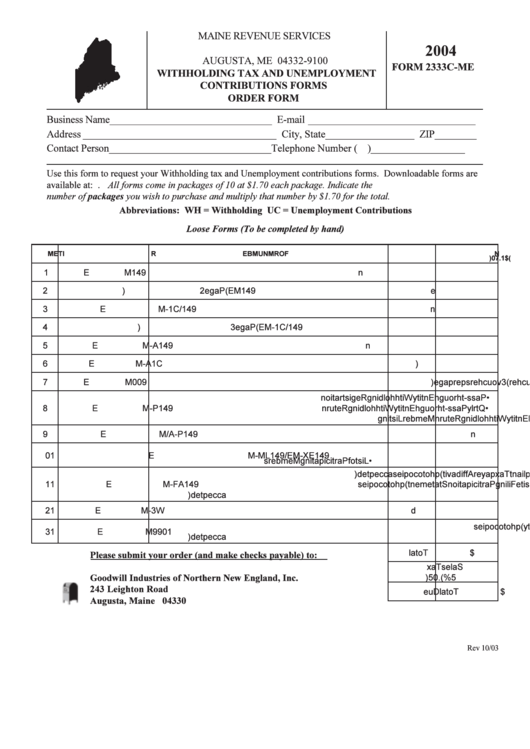 Form 2333c-04 - Withholding Tax And Unemployment Contributions Forms - Order Form - 2004 Printable pdf