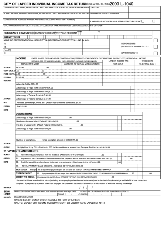 Form L-1040 - City Of Lapeer Individual Income Tax Return - 2003 Printable pdf