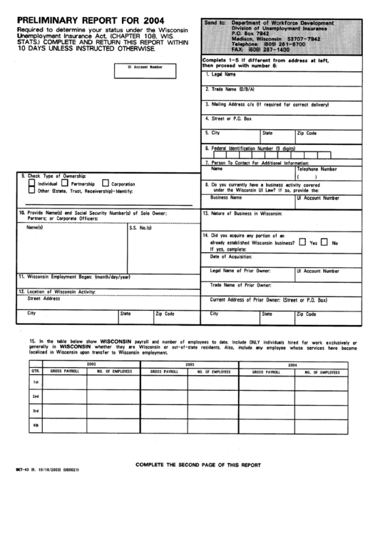Form Uct-43 - Preliminary Report - 2004 Printable pdf
