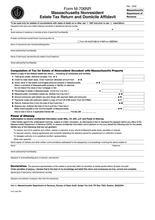 Form M-706nr - Massachusetts Nonresident Estate Tax Return And Domicile Affidavit - 2002 Printable pdf