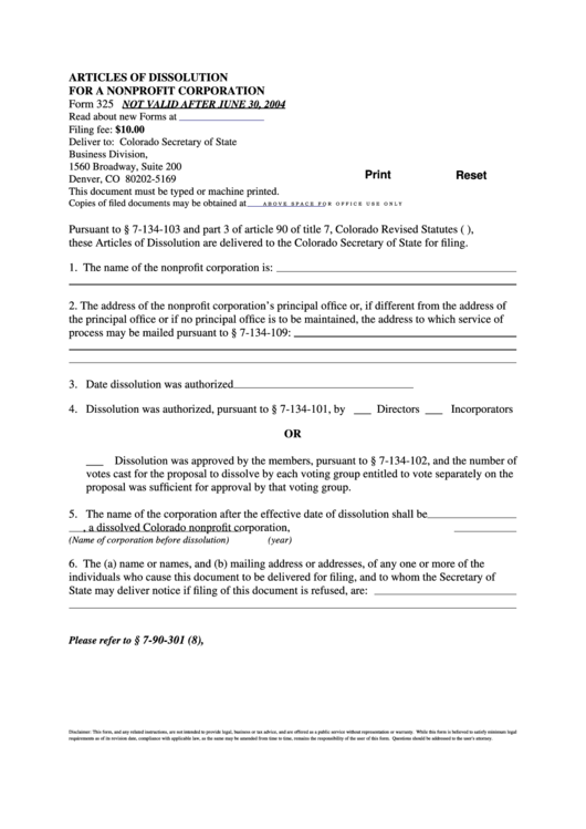Fillable Form 325 - Articles Of Dissolution For A Nonprofit Corporation - 2004 Printable pdf