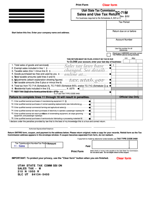 Fillable Form Tc-71m - Sales And Use Tax Return - Utah State Tax Commission - 2002 Printable pdf