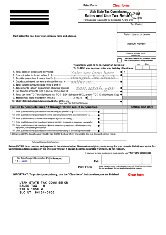 Fillable Form Tc 71m Sales And Use Tax Return Utah State Tax 