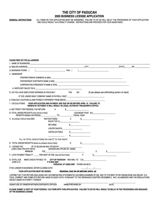 2005 Business License Application Form - The City Of Paducah Printable pdf