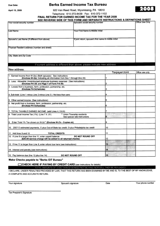 Berks Earned Income Tax Bureau 2008 Printable Pdf Download