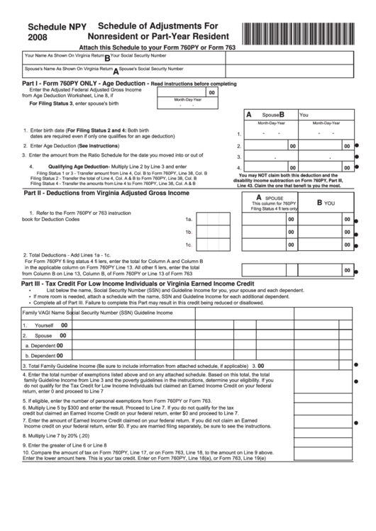 Schedule Npy - Schedule Of Adjustments For Nonresident Or Part-year 