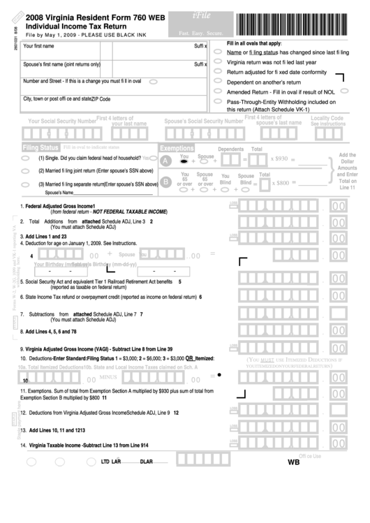 Virginia Resident Form 760 Web - Individual Income Tax Return - 2008 ...