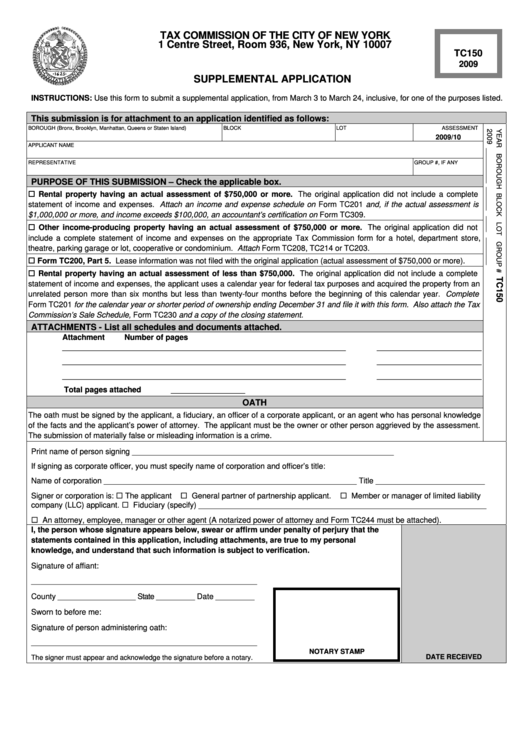 Form Tc150 - Tax Commission Supplemental Application - 2009 Printable pdf