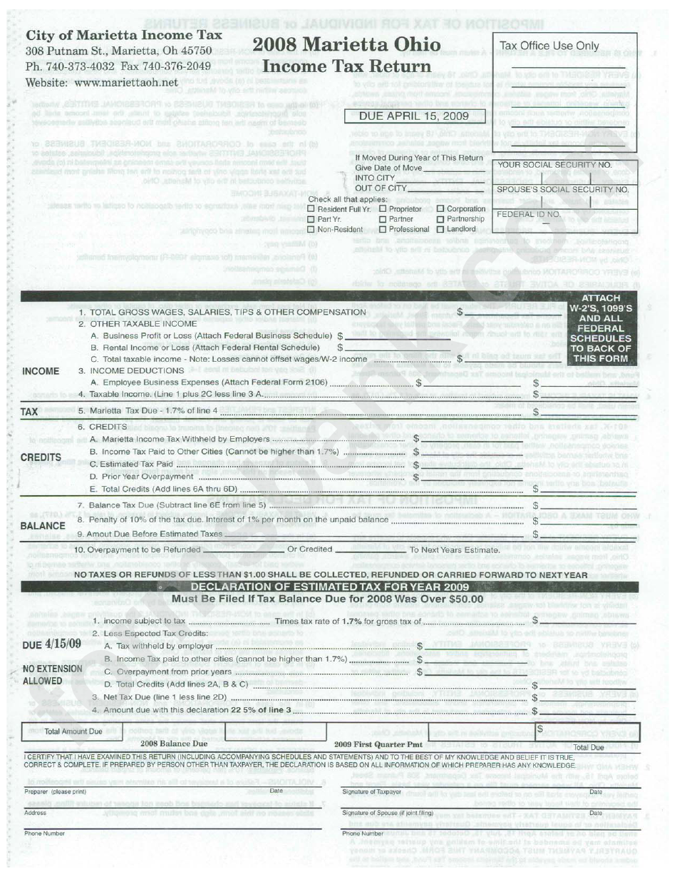 Income Tax Return Form - City Of Marietta - 2008