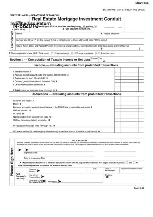 Fillable Form N-66 - Real Estate Mortgage Investment Conduit Income Tax Return - 2010 Printable pdf