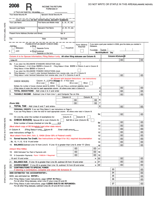 Fillable Form 200-01 - Delaware Individual Resident Income Tax Return - 2008 Printable pdf