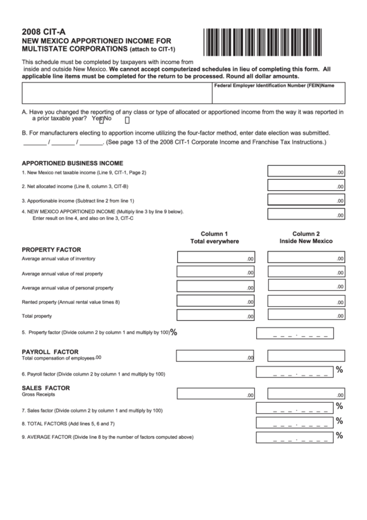Form Cit-A - Cit-B - Cit-C - Cit-D - New Mexico Apportioned Income For Multistate Corporations - 2008 Printable pdf
