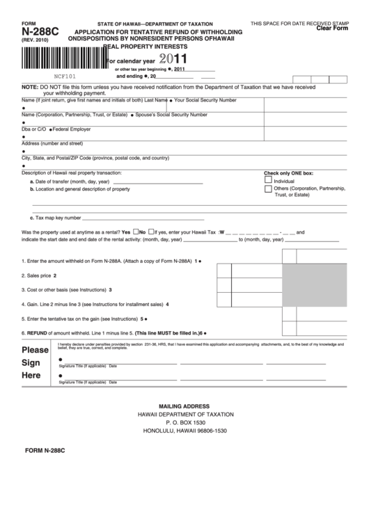 Fillable Form N-288c - Application For Tentative Refund Of Withholding ...