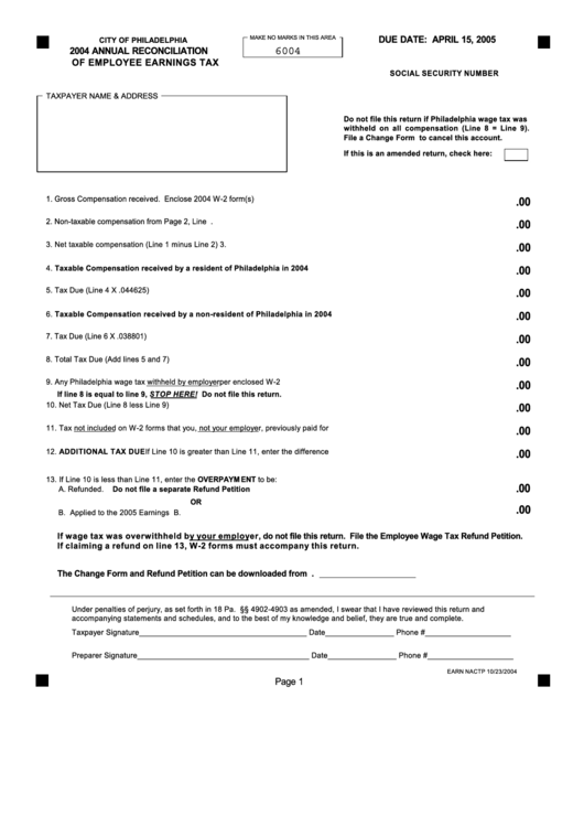 Annual Reconciliation Of Employee Earnings Tax Form October 2004 Printable pdf