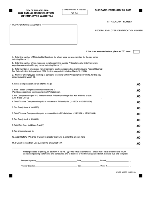 Annual Reconciliation Of Employer Wage Tax Form October 2004 Printable pdf